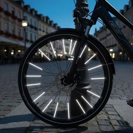 Cykelhjul med vita ljusreflexer på ett upplyst torg i skymningen