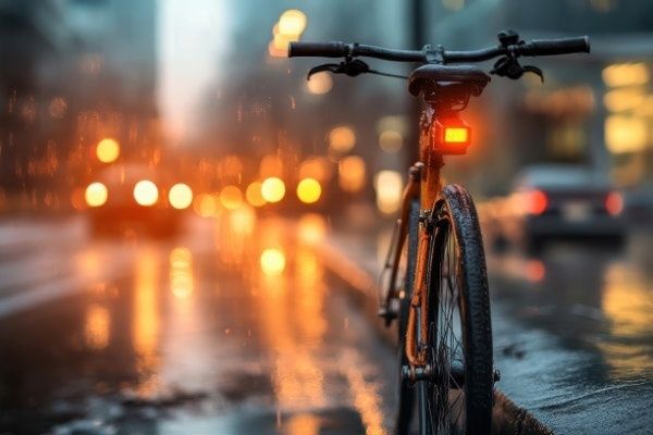 Cykel med rött bakljus på en regnvåt stadsgata i mörker